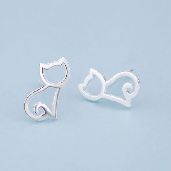 NEW 925 Sterling Silver Dainty Cat Earrings Tiny Cat Stud Earrings - Picture 2 of 5